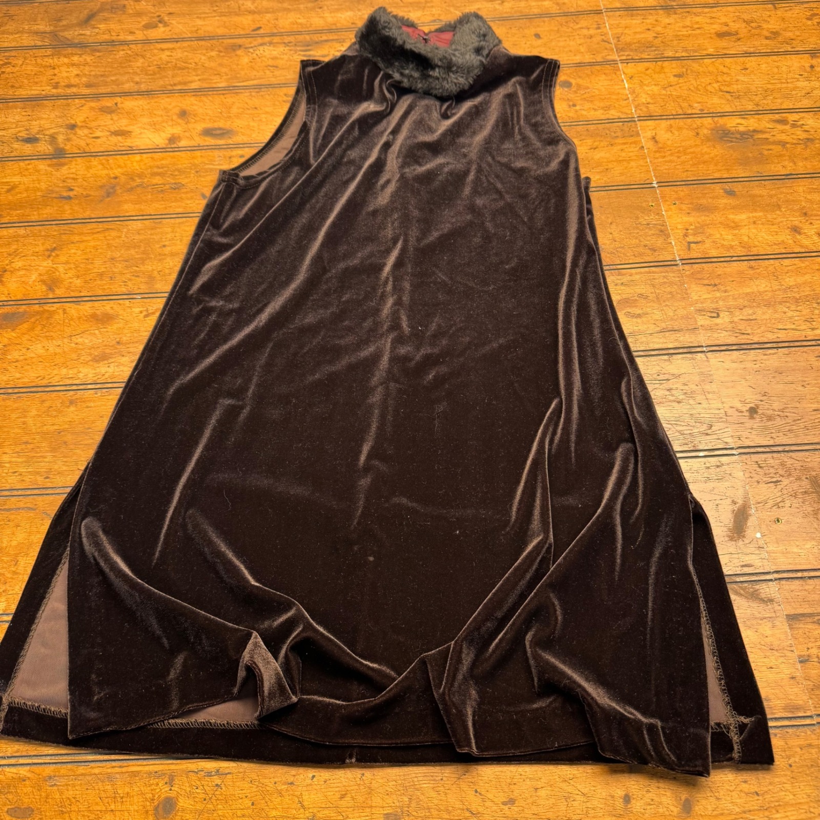 Citi Dress Velvet Faux Fur Collar Mini Dress Women Size 8 Dark Brown Vtg Vintage